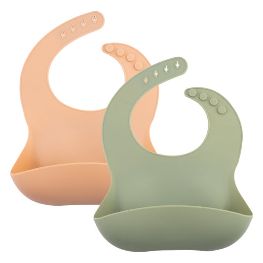 SET OF 2 CATCH-ALL SILICONE BIBS, SAGE/APRICOT