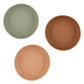 SET OF 3 SILICONE SUCTION OPEN DISHES, SAGE/CLAY/APRICOT