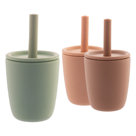 SET OF 3 2-IN-1 SILICONE TEACHING CUPS- 3 OZ, SAGE/CLAY/APRICOT