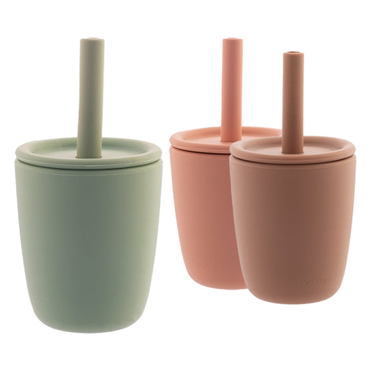 SET OF 3 2-IN-1 SILICONE TEACHING CUPS- 3 OZ, SAGE/CLAY/DUSTY ROSE